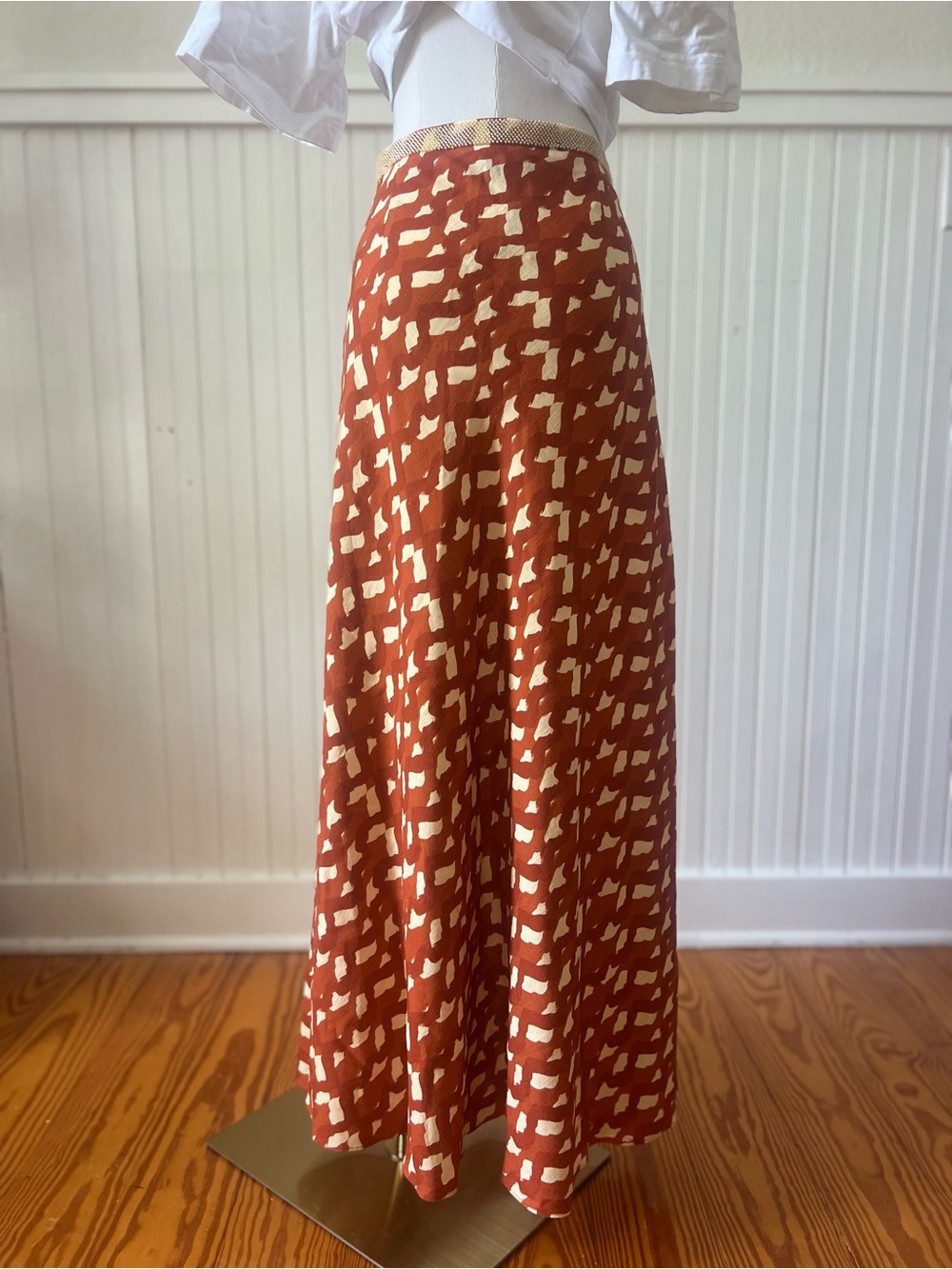 Zara Printed Maxi Skirt Beaded Waist Rust Cream A-Line NWT Women's Size Medium - Picture 4 of 6
